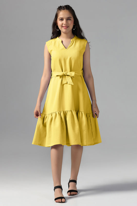 Girls Yellow Cotton Blend Solid Fit & Flare Casual Knee Length Dress