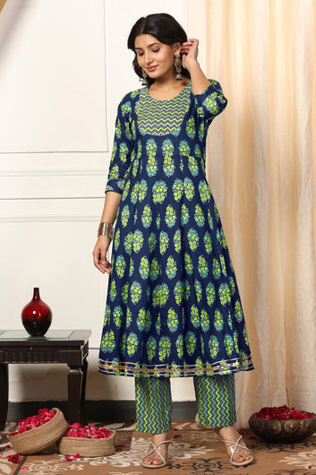 Womens Blue Cotton Blend Floral Printed Ankle Length Anarkali Kurta With Pant Set