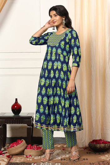 Womens Blue Cotton Blend Floral Printed Ankle Length Anarkali Kurta With Pant Set