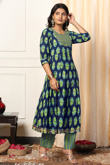 Womens Blue Cotton Blend Floral Printed Ankle Length Anarkali Kurta With Pant Set