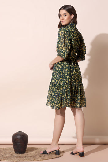 Women’s Olive Georgette Floral Print Front Fastening Dresses