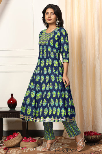 Womens Blue Cotton Blend Floral Printed Ankle Length Anarkali Kurta With Pant Set