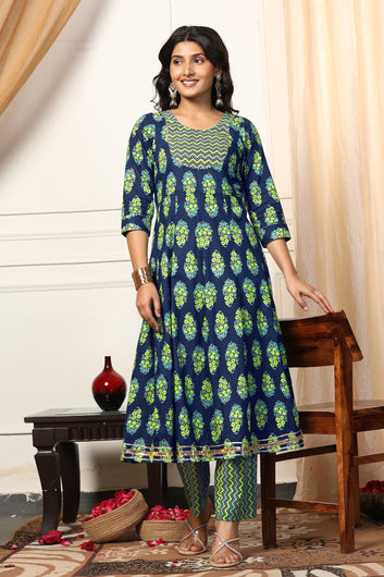 Womens Blue Cotton Blend Floral Printed Ankle Length Anarkali Kurta With Pant Set