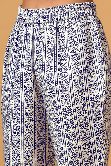 Womens Blue Cotton Slub Printed Kurta with Pant Set