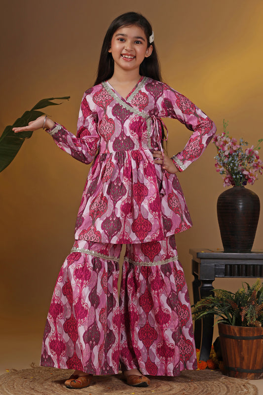 Girls Multicolor Cotton Blend Ajrakh Printed Angarakha Style Kurta With Sharara Set