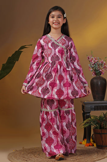 Girls Multicolor Cotton Blend Ajrakh Printed Angarakha Style Kurta With Sharara Set