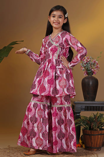 Girls Multicolor Cotton Blend Ajrakh Printed Angarakha Style Kurta With Sharara Set