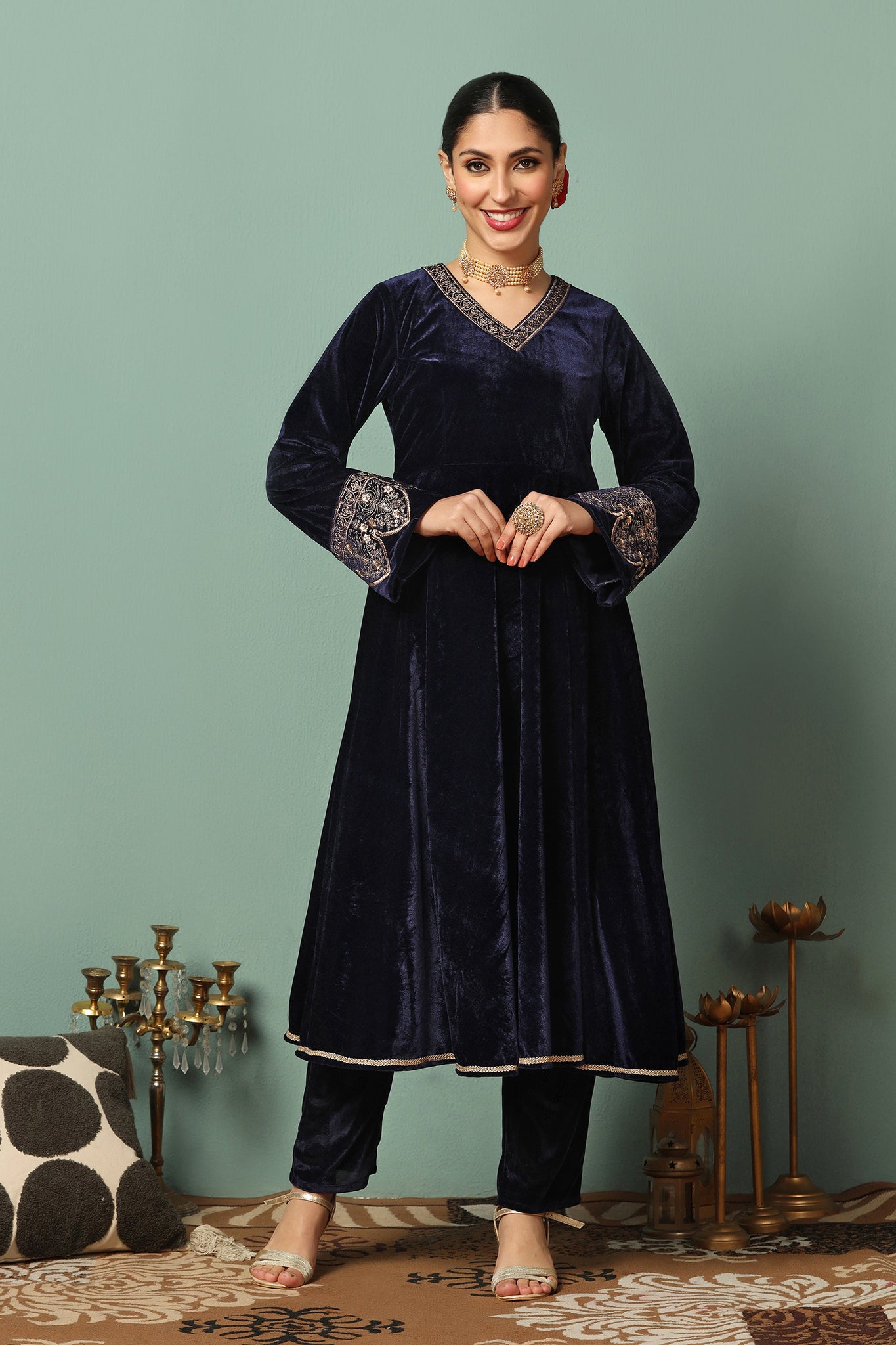 Womens Navy Blue Velvet Embroidered Ankle Length Anarkali Kurta With Pant Set