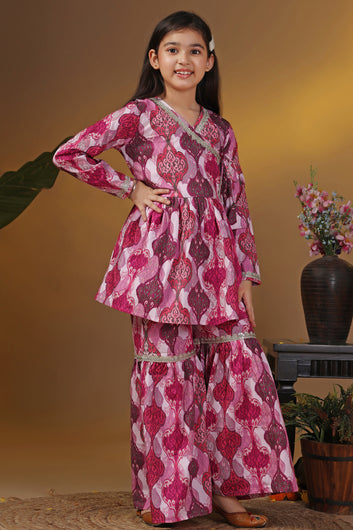 Girls Multicolor Cotton Blend Ajrakh Printed Angarakha Style Kurta With Sharara Set