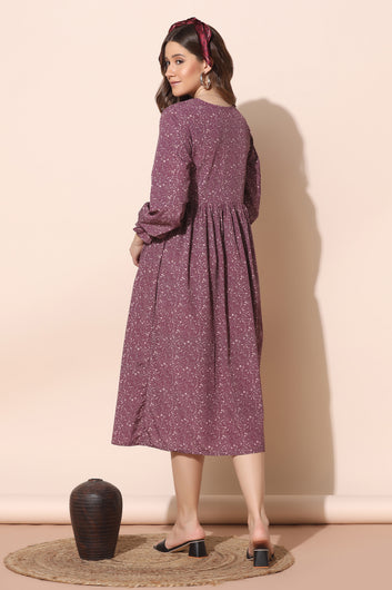 Women’s Purple Polyester Blend Splash Print Gathered Dresses