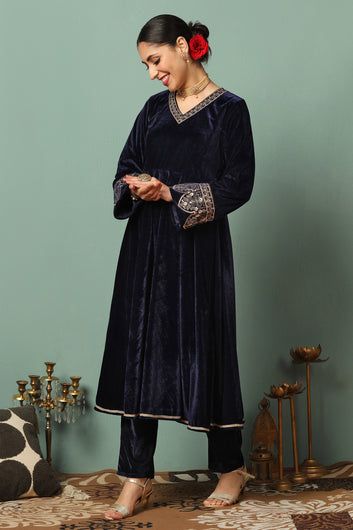 Womens Navy Blue Velvet Embroidered Ankle Length Anarkali Kurta With Pant Set