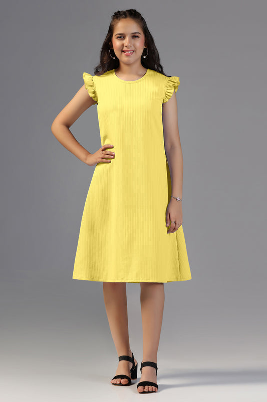 Girls Yellow Cotton Blend Solid A-line Casual Knee Length Dress