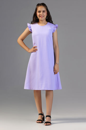 Girls Lavender Cotton Blend Solid A-line Casual Knee Length Dress