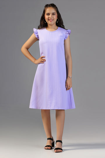 Girls Lavender Cotton Blend Solid A-line Casual Knee Length Dress