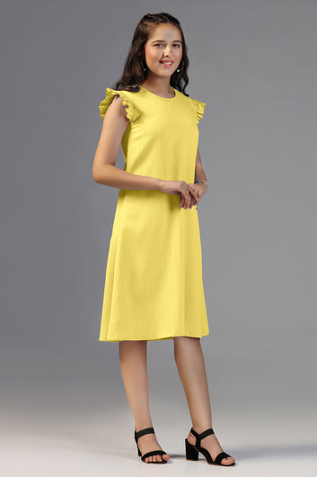 Girls Yellow Cotton Blend Solid A-line Casual Knee Length Dress