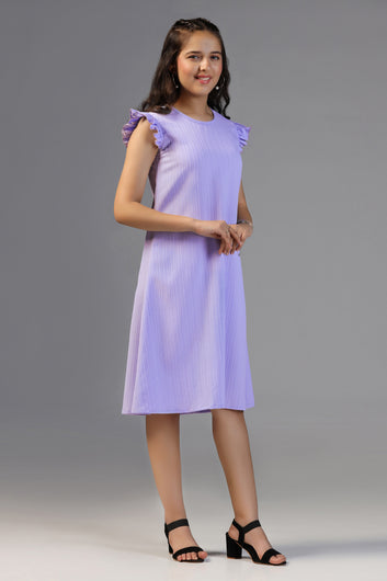 Girls Lavender Cotton Blend Solid A-line Casual Knee Length Dress