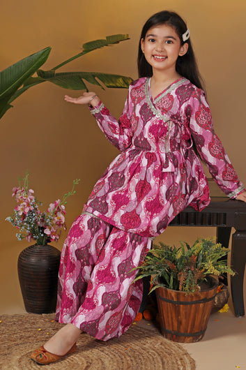 Girls Multicolor Cotton Blend Ajrakh Printed Angarakha Style Kurta With Sharara Set