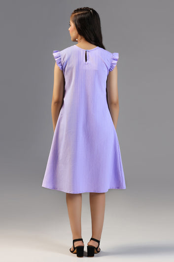 Girls Lavender Cotton Blend Solid A-line Casual Knee Length Dress