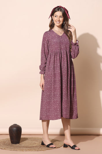 Women’s Purple Polyester Blend Splash Print Gathered Dresses