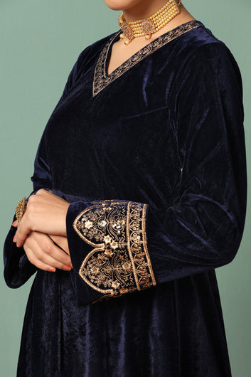 Womens Navy Blue Velvet Embroidered Ankle Length Anarkali Kurta With Pant Set