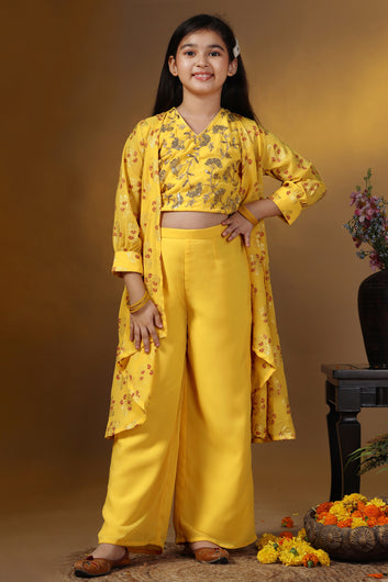 Girls Yellow Georgette Printed Shrug, Crop Top With Palazzo Set