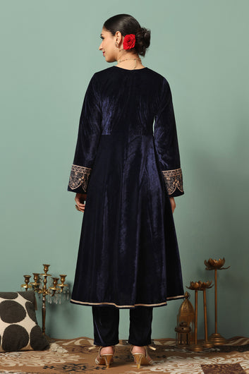 Womens Navy Blue Velvet Embroidered Ankle Length Anarkali Kurta With Pant Set