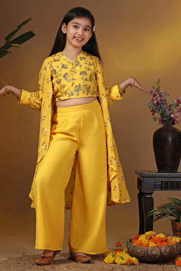 Girls Yellow Georgette Printed Shrug, Crop Top With Palazzo Set