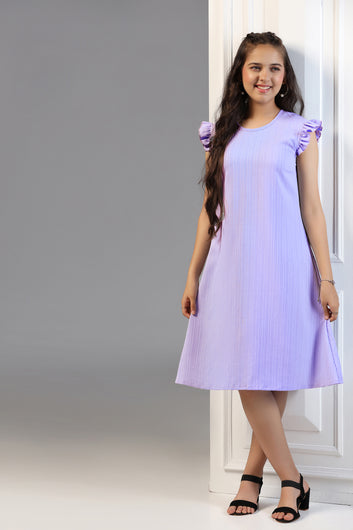 Girls Lavender Cotton Blend Solid A-line Casual Knee Length Dress