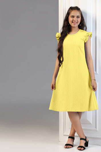 Girls Yellow Cotton Blend Solid A-line Casual Knee Length Dress