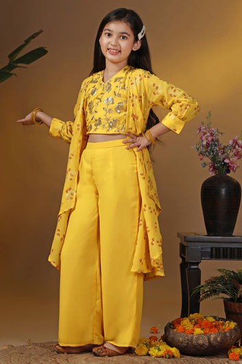 Girls Yellow Georgette Printed Shrug, Crop Top With Palazzo Set