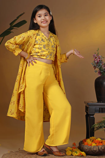 Girls Yellow Georgette Printed Shrug, Crop Top With Palazzo Set