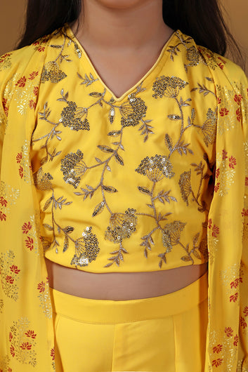 Girls Yellow Georgette Printed Shrug, Crop Top With Palazzo Set