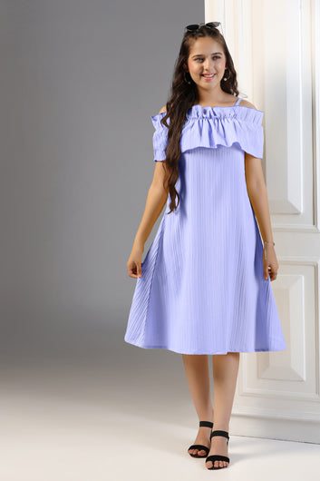 Girls Lavender Cotton Blend Solid Fit & Flare Casual Knee Length Dress