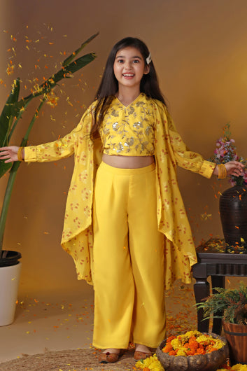 Girls Yellow Georgette Printed Shrug, Crop Top With Palazzo Set