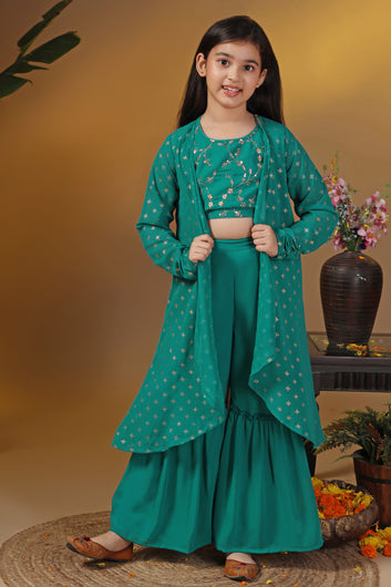 Girls Green Georgette Embroidered Crop Top And Shrug With Sharara Set