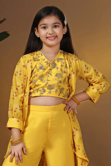 Girls Yellow Georgette Printed Shrug, Crop Top With Palazzo Set