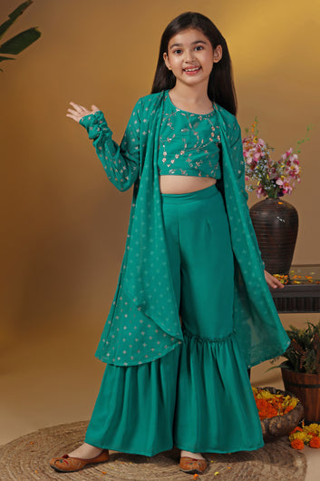 Girls Green Georgette Embroidered Crop Top And Shrug With Sharara Set