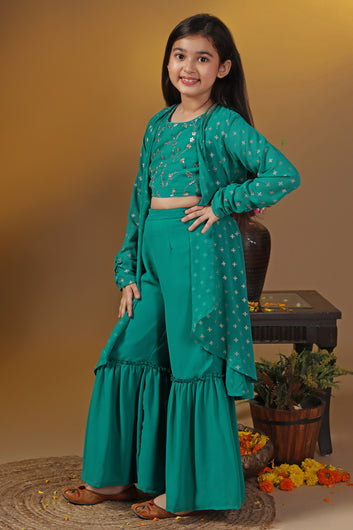 Girls Green Georgette Embroidered Crop Top And Shrug With Sharara Set