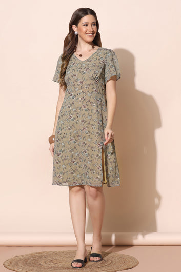 Women’s Beige Georgette A-Line Floral Print Dresses