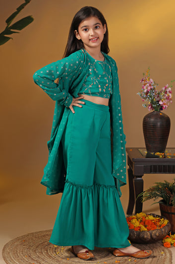 Girls Green Georgette Embroidered Crop Top And Shrug With Sharara Set