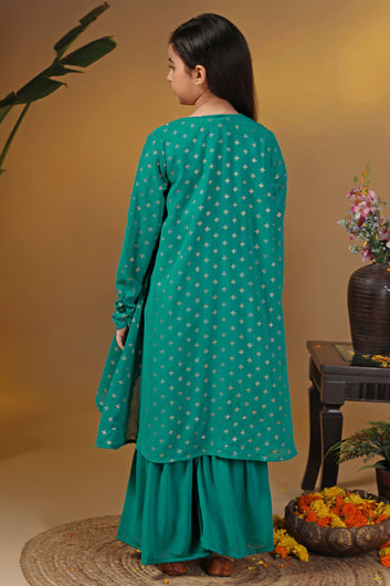 Girls Green Georgette Embroidered Crop Top And Shrug With Sharara Set