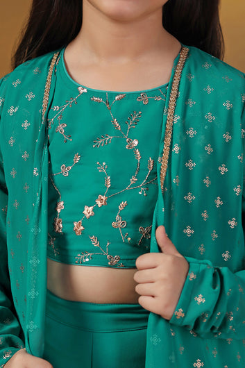 Girls Green Georgette Embroidered Crop Top And Shrug With Sharara Set