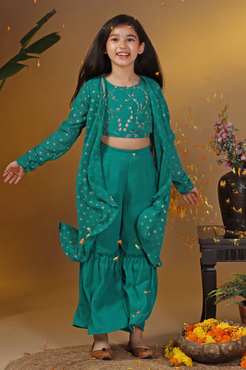 Girls Green Georgette Embroidered Crop Top And Shrug With Sharara Set