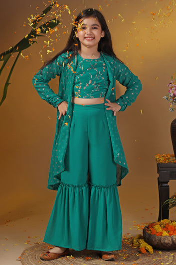 Girls Green Georgette Embroidered Crop Top And Shrug With Sharara Set