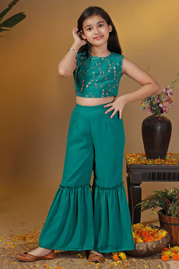 Girls Green Georgette Embroidered Crop Top And Shrug With Sharara Set