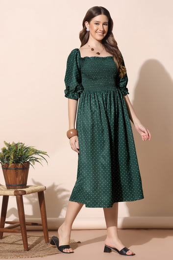 Women’s Dark Green Polyester Blend Gathered Dresses