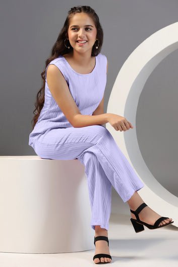 Girls Lavender Viscose Rayon Solid Top With Trouser Set