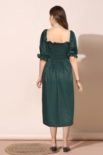Women’s Dark Green Polyester Blend Gathered Dresses