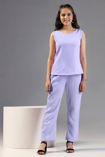 Girls Lavender Viscose Rayon Solid Top With Trouser Set