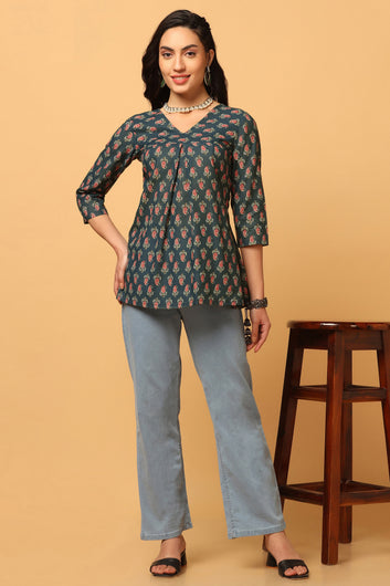 Women's Bottle Green Paisley Print Flared Style Tunic Top
